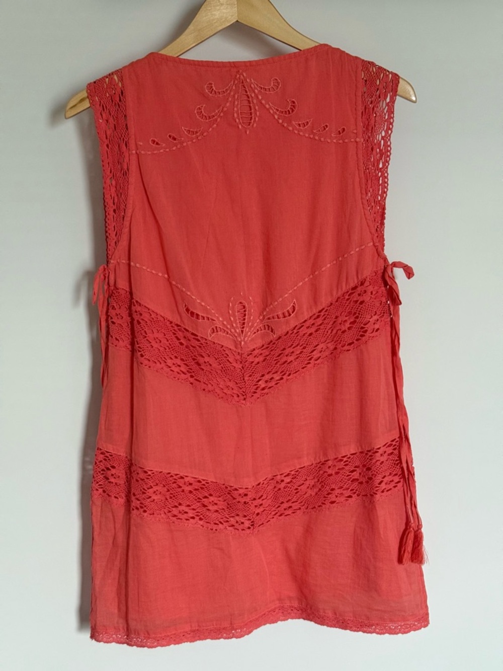 Free People Winifred Mini Dress Red Guava Coral Lace Tassel 100% Cotton Small - Picture 5 of 15